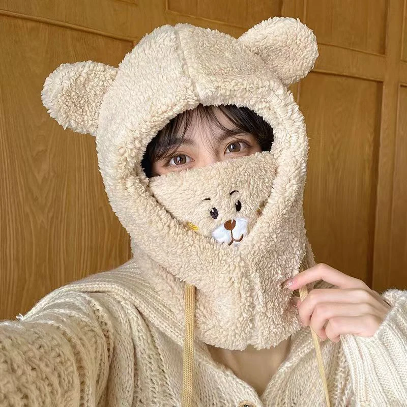 Cartoon Bear Ear Lamb Beanie Hat With Mask Warm Winter Thickened Ear Protection Autumn Skullies Beanies For Women Girl windproof winter hat