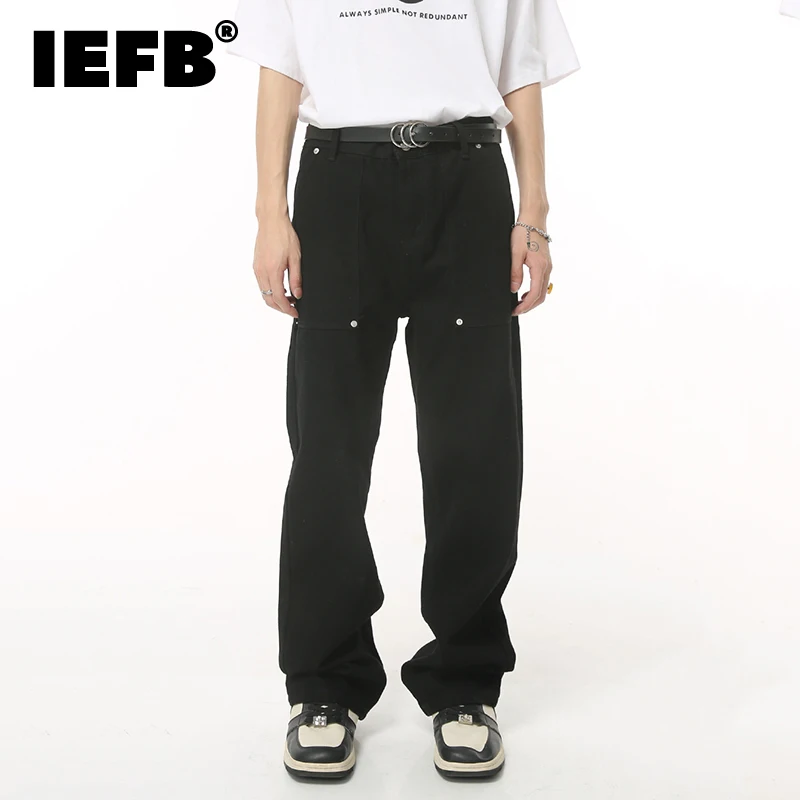 

IEFB Men's Straight Jeans Solid Color Simple Casual Denim Pants Loose Personality Pocket Metal Decoration Baggy Trousers 9C1521