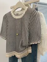 plus Size 300 Pou Women's Striped ort Sve T-irt Loose Fit Summer Slimming Top Korean Sle Commute Faion