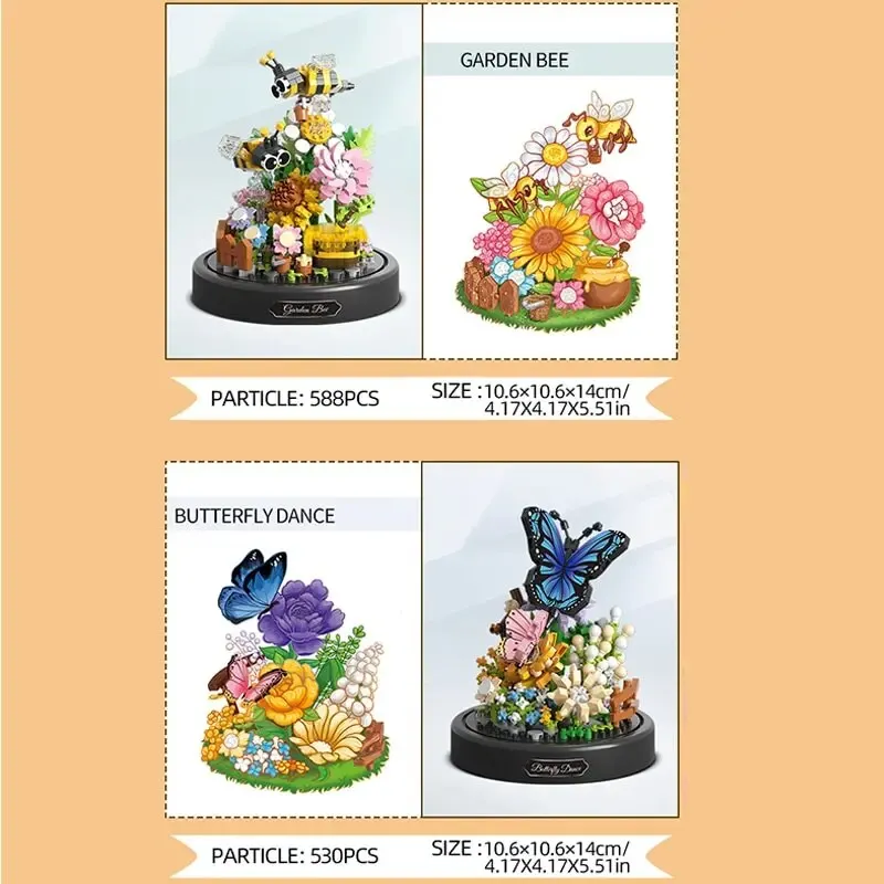 Bee Butterfly Flower Bonsai Building Blocks Insect Plant Potted Model Bricks With Dust Cover Desktop Deco DIY Toys Gift For Kids 4