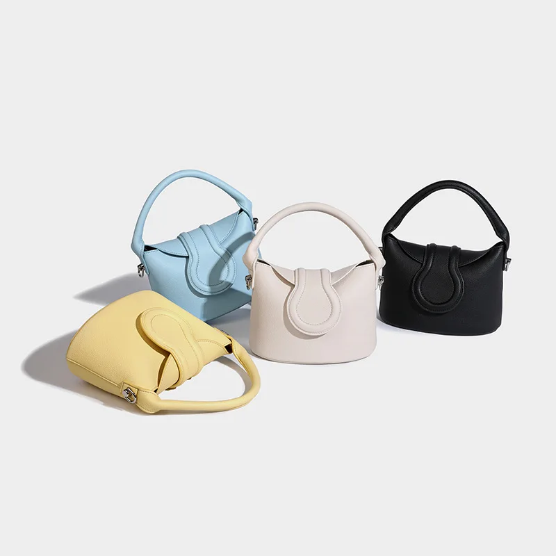 

Women Genuine Leather Mini Handbags Solid Soft Hasp Bucket Handle Bag Female Stylish All-Matched Casual Crossbody Shoulder Pack