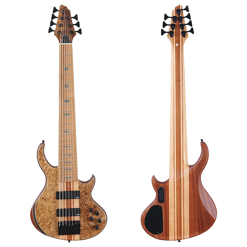 Tree Burl Top 7 String Electric Bass Guitar 43 Inch Active Guitar Neck Through Solid Okoume Wood Body High Grade
