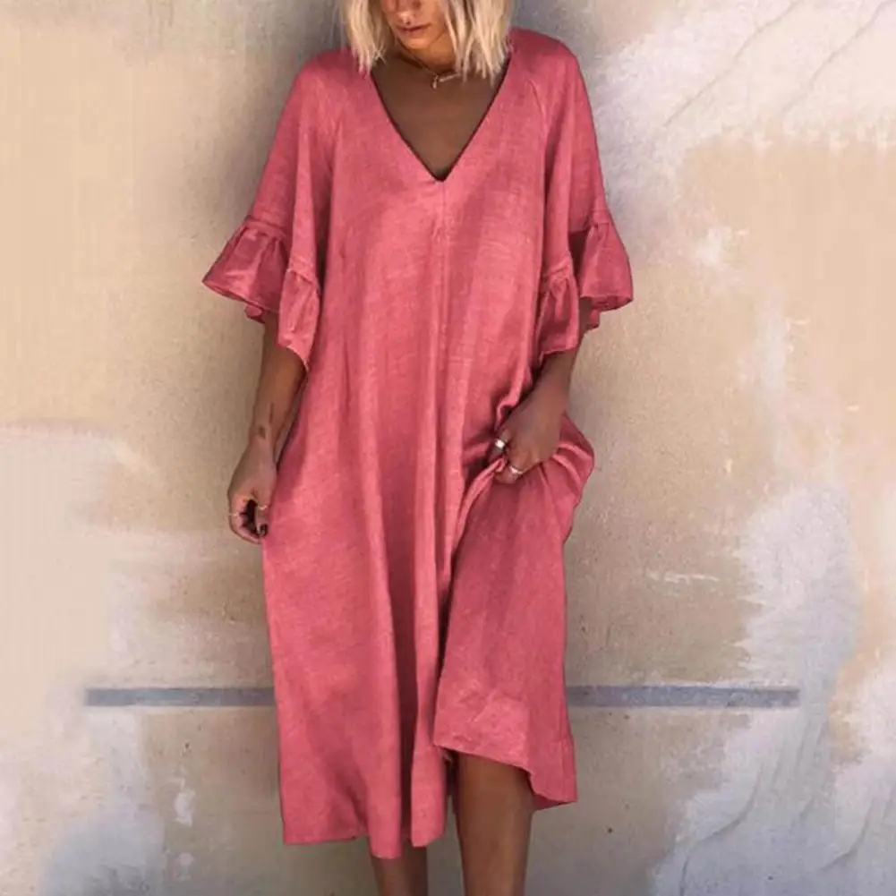 

Women Loose Fit Dress Stylish Summer Women's V Neck Ruffle Patchwork Midi Dress Loose A-line Silhouette Big Swing for Casual