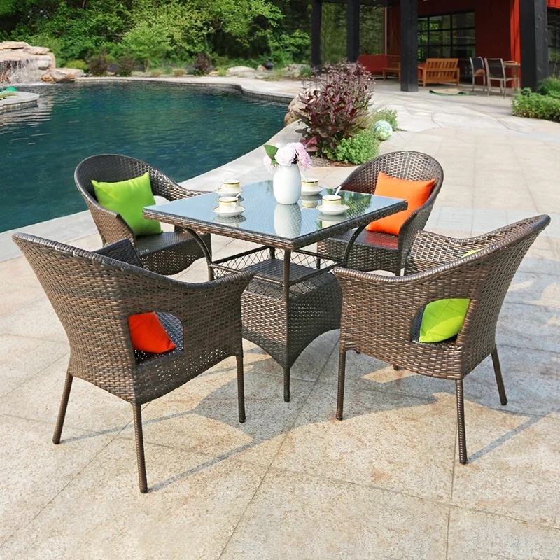 Modern Rattan Garden Furniture 5-piece Set Coffee Table and Chairs Wicker Weather Resistance Patio Bistro Table and Chair