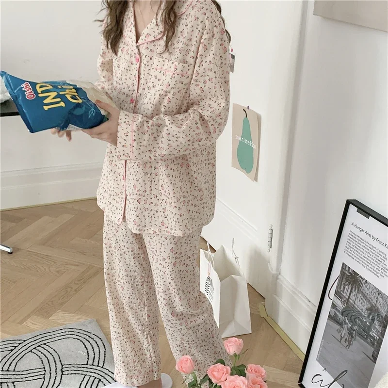 

new 2022 floral print sleepwear cotton gauze women pajama set long sleeve breathable soft home service pants pijamas suit L991