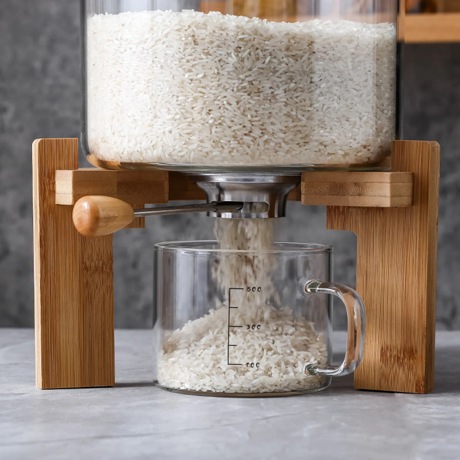 7.5L Creative Flour Cereal Airtight Container Rice Dispenser Glass Food Storage Container w/Wooden Stand for Kitchen 4