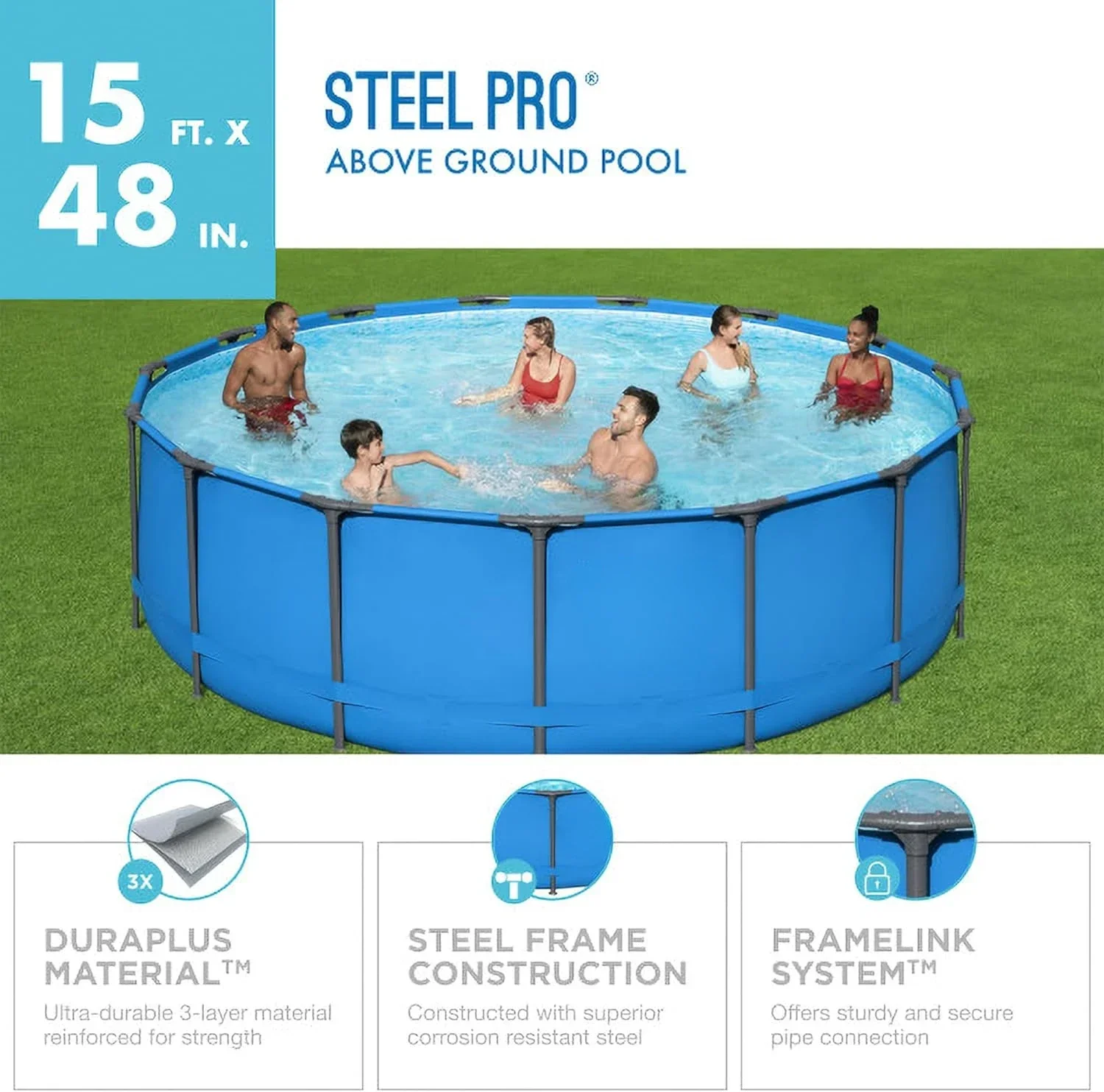 

15’ x 48" Round Metal Steel Frame Above Ground Outdoor Backyard Family Swimming Pool, Blue