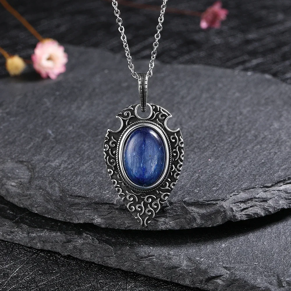 Natural Kyanite Pendant S925 Sterling Silver Necklace for Women Vintage Style Jewelry Accessorise Wedding Party Anniversary Gift pendant necklace silver necklace silver pendant