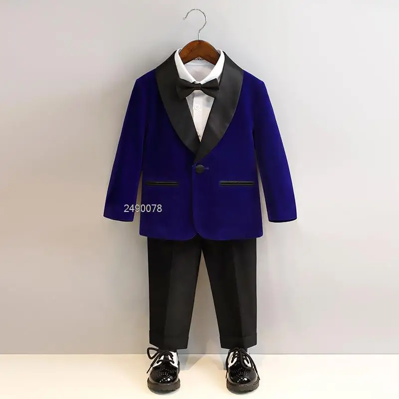 Boys Suit Set Kids 1 Year Birthday Dress Baby Boys Purple Velvet Blazer Jacket Pants Photograph Suit Children Wedding Performance Evening Wear