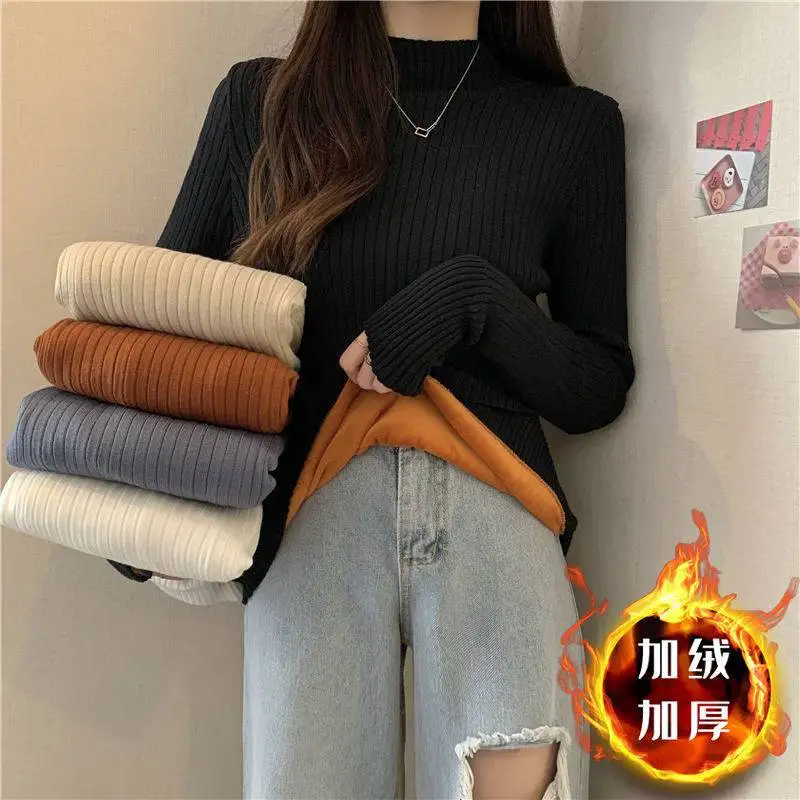 

Black Plush Undershirt Women Winter Thick Fashion Eign Semi-turtleneck Sweater Underneath Slim Warm Knit Top Warm Pullover Tops