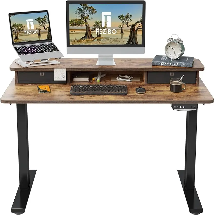 FEZIBO 48 x 24 Inch Height Adjustable Electric Standing Desk with Double Drawer, Stand Up Desk with Storage Shelf, Sit Stand Des