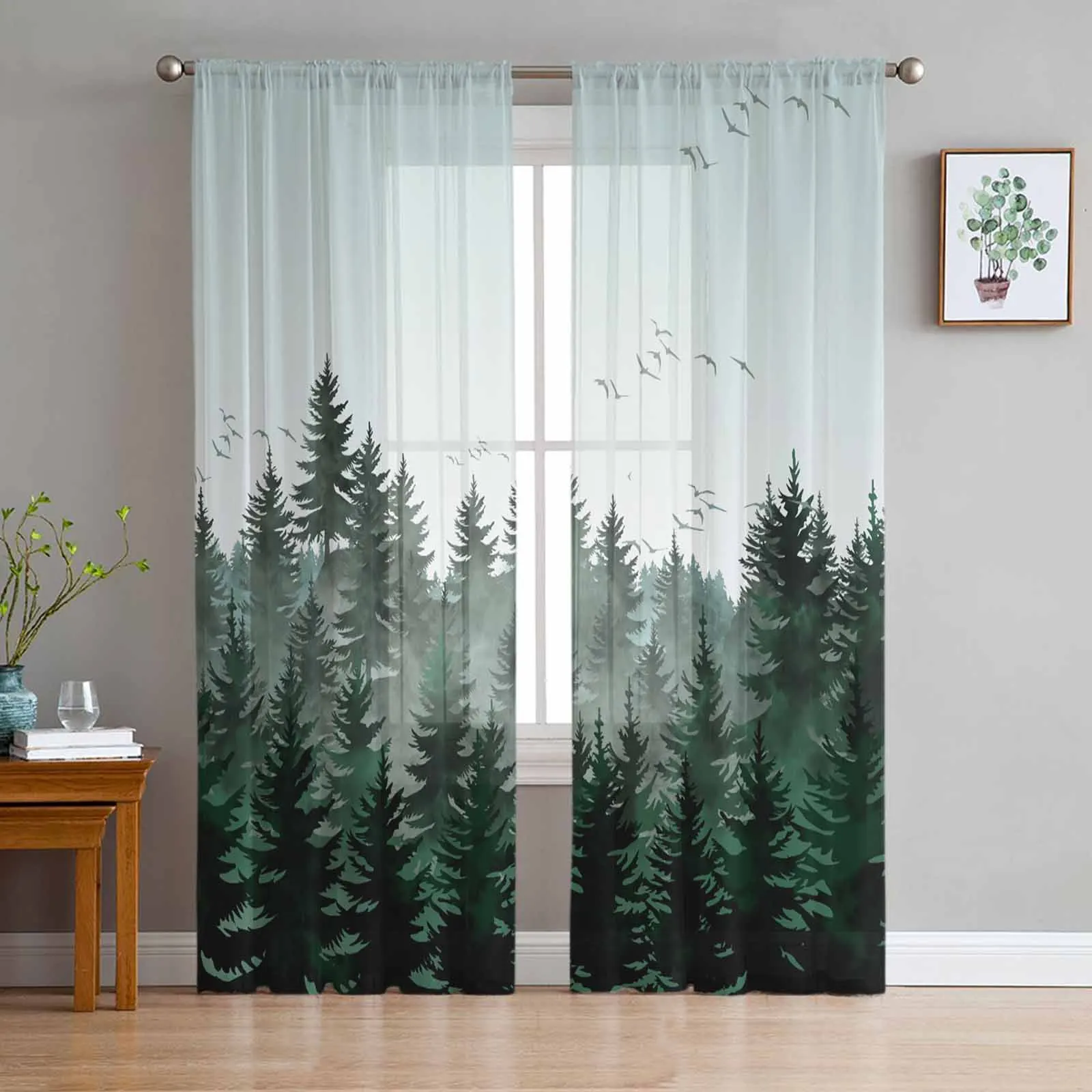 

Watercolor Forest Bird Dark Green Sheer Curtain Living Room Drapes Home Bedroom Voile Curtain Tulle Window Curtain