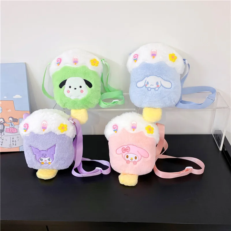 

New Sanrio My Melody Bag Kawaii Anime Kuromi Cinnamoroll Crossbody Bag Girls Cute Pochacco Plush Ice Cream Bags Gift for Kids