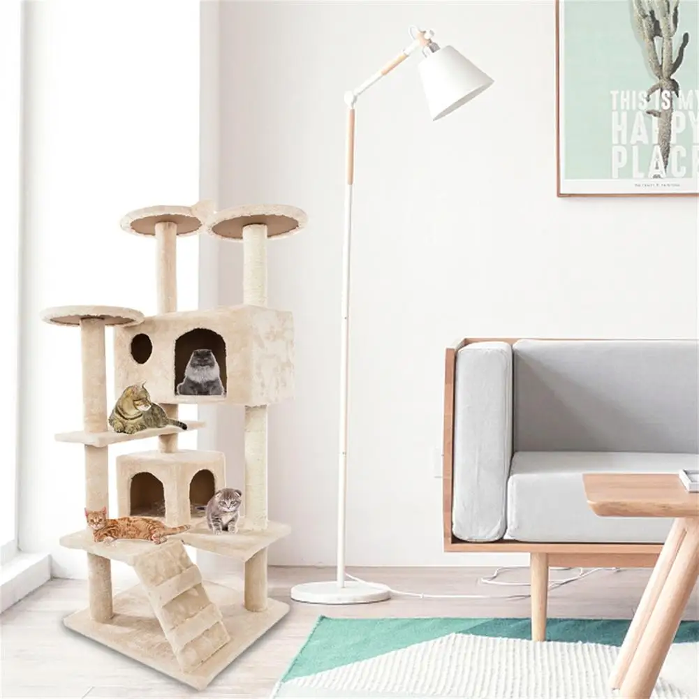 

52 Inch Plush Cat Climb Tree Multi-level Sisal Rope Cat Tower Play House With Cozy Condos For Indoor Cats