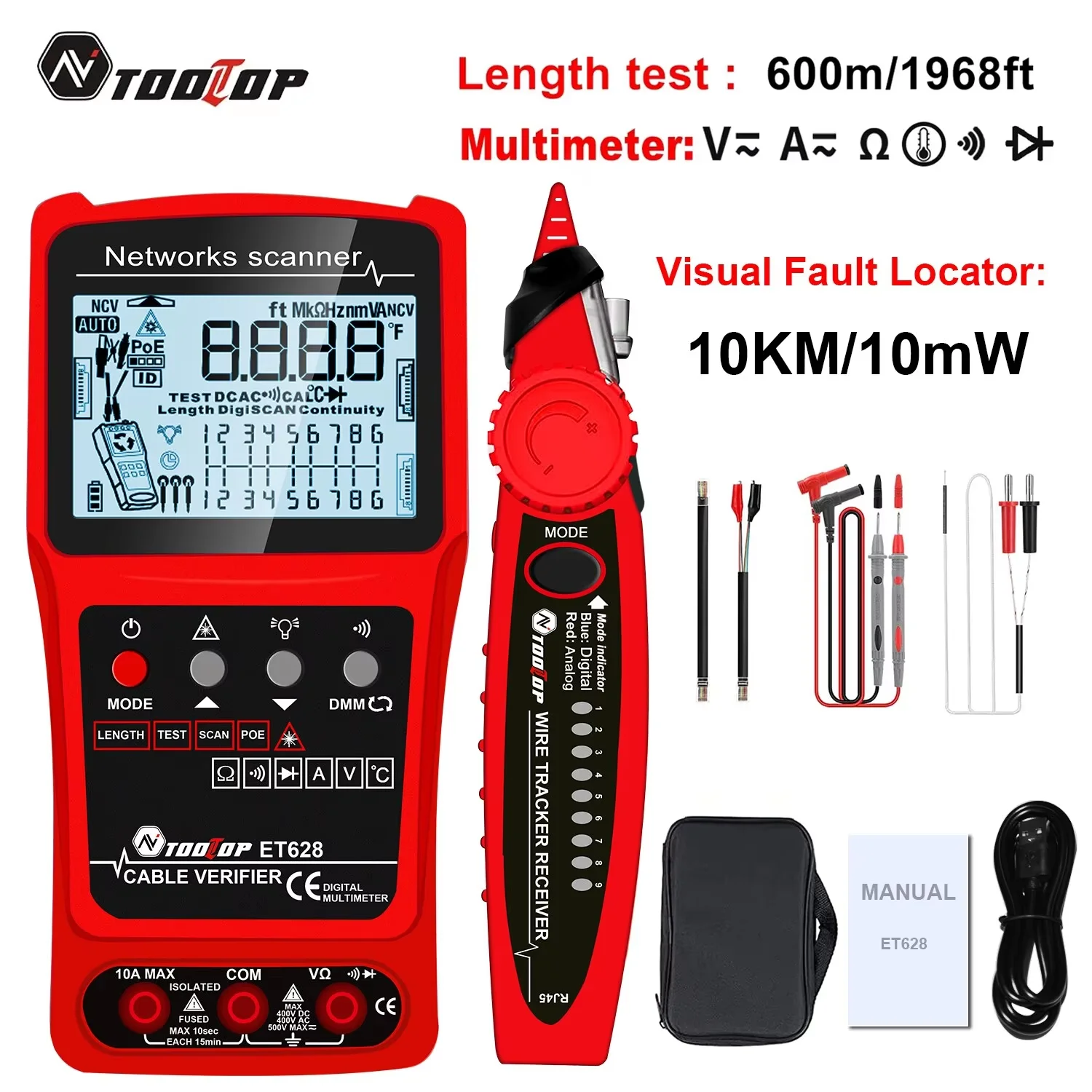 TOOLTOP 3 in 1 LAN Cable Tester Visual Fault Locator Multimeter 600M Length Measure Cable Mapping POE Rj45 Network Tracker