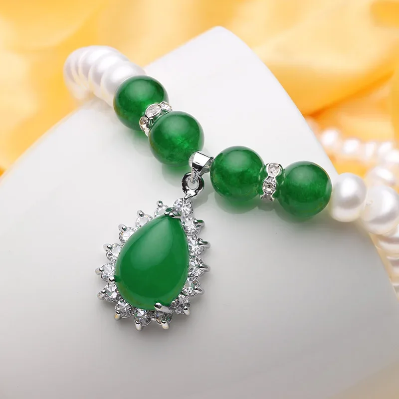 Dainashi large natural 9-10 mm necklace women's earrings and bracelet sets with freshwater pearl green agate for women jewelry set silver jewelry set pearl jewelry