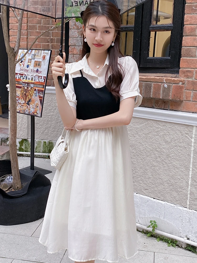 

Женское розовое платье миди в стиле пэчворк с имитацией двух частей, летнее официальное платье с коротким рукавом и воротником-поло, элегантное облегающее платье в Корейском стиле, 2024