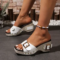2025 Summer New Women Sandals Fashion Wedges Heel Platform High Heel Slippers Rivet  Metal Buckle Decor Casual Rome Sandals 8CM - Image 3