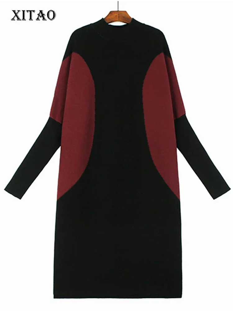 

Женское трикотажное платье с высоким воротником XITAO, повседневное свободное платье контрастного цвета в стиле пэчворк, DMJ3347