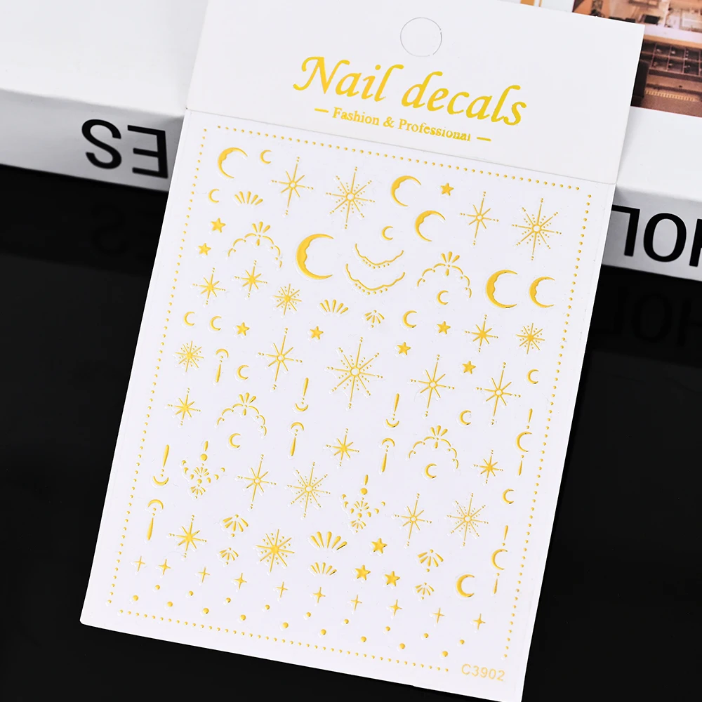 3D Gold Sun/Moon/Star Bronzing Nail Art Sticker 8*10cm Laser Star Moon Design Nail Decal Gold Silver Self-Adhesive Slider &*& 4