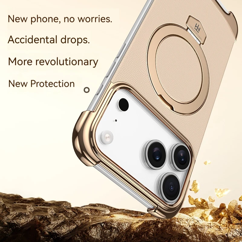 Luxury Leather Frameless Magnetic Bracket Phone Case with Magsafe Wireless Charging