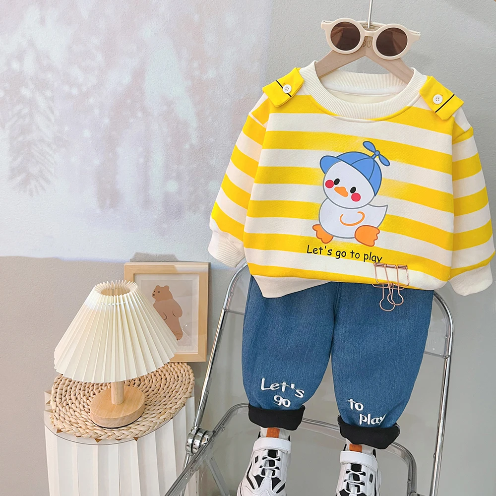 

2023 Autumn Winter Children Clothing Sets Baby Girls Boys Stripe Plush Sweatshirt Jeans Kids Tracksuit Infant Clothes Outfits