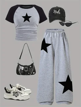 2-Piece Girls' Set, Five-Pointed Star Pattern, Gray Wide-Leg Sweatpants, Suitable for Spring, Autumn, and Summer 2