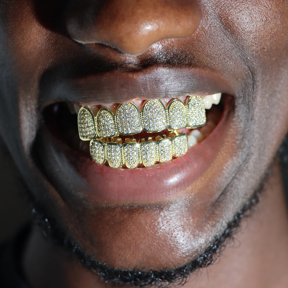 CZ Cuban Link Grillz 14k Gold Plated Hip Hop Bottom Cubic Zirconia Blinged  Teeth