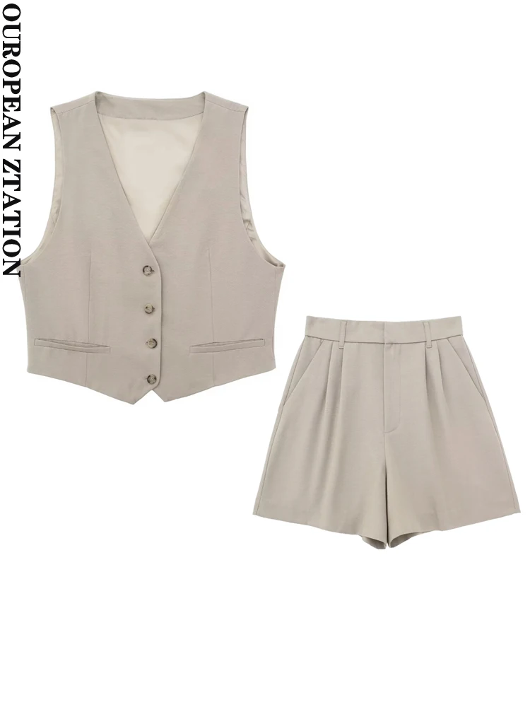 

PAILETE Women 2023 fashion linen blend cropped waistcoat or front zip high-waist bermuda shorts two pieces sets mujer