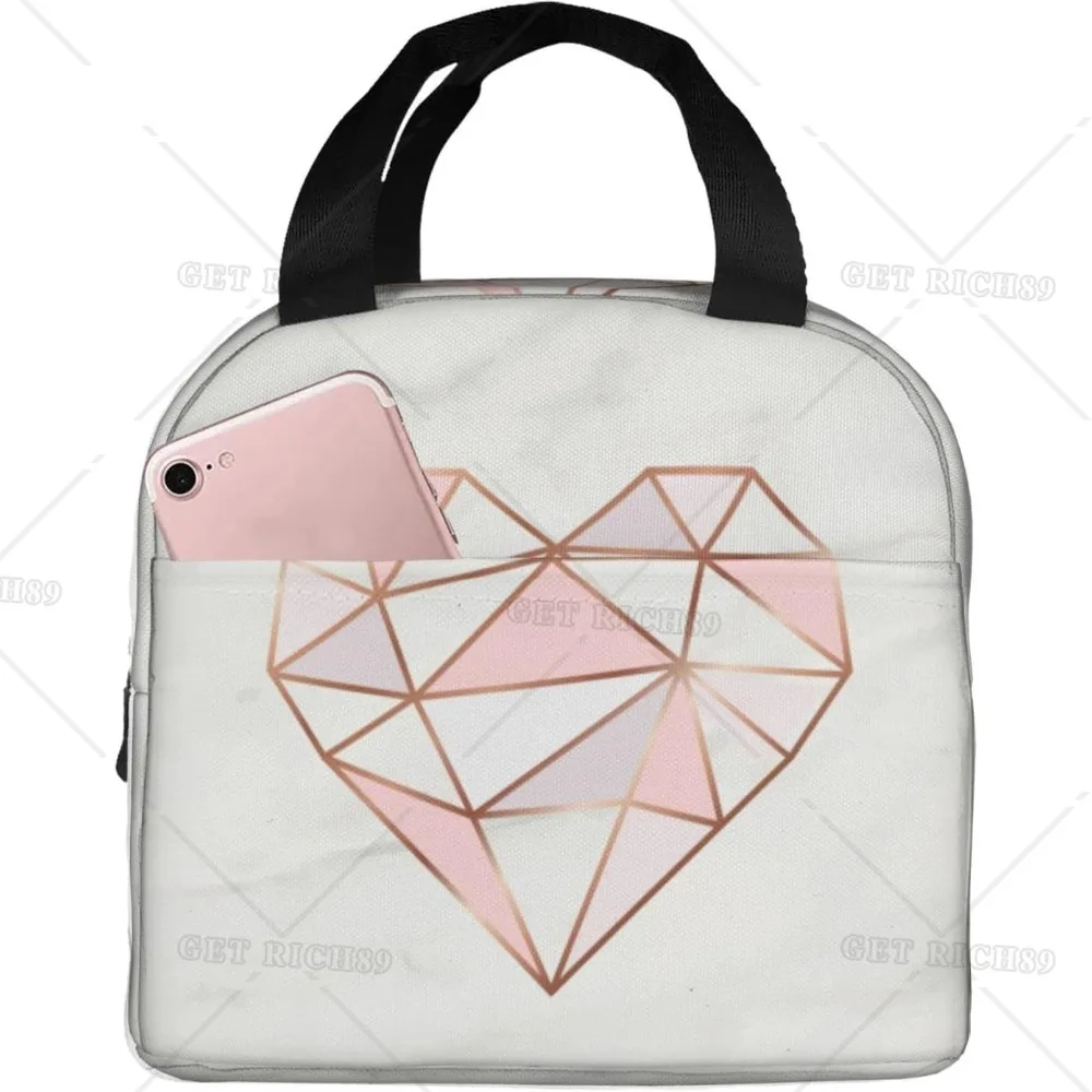 

Valentine's Day Rose Gold Heart Marble Lunch Bag Insulated Reusable Lunchbox Waterproof Portable Box for Women Work Trip