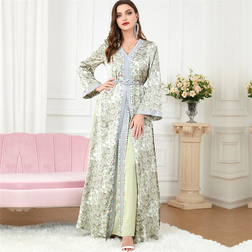 

2 Piece Set Eid Mubarak Djellaba Kaftan Floral Print Moroccan Abaya Dubai Evening Dress Muslim Women Islamic Jalabiya Ramadan