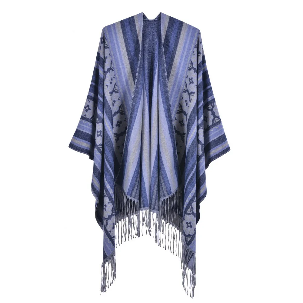 Autumn Winter Women's Jacquard Shawl European American Street Fashion Fork Thickened Cloak For Warmth Ponchos Capes P2 winter shawl fashion poncho cashmere feminino inverno geometric turn down collar cloak woven jacquard capes stole 480g