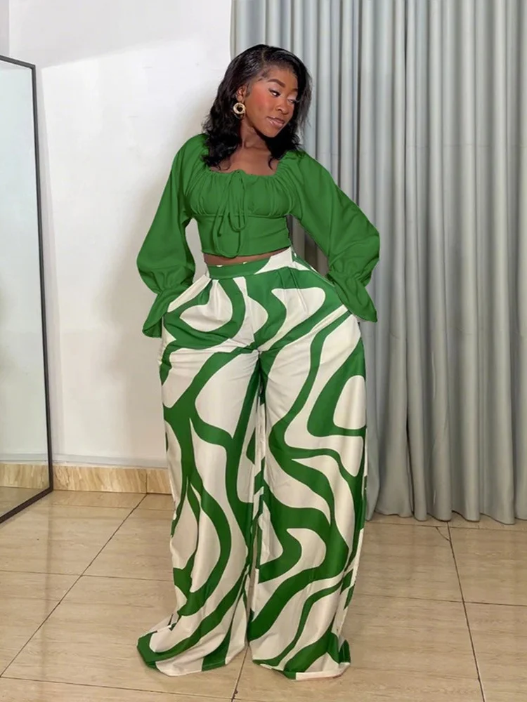 Wmstar Set Women Wholesale A Fashionable Casual Comfortable Twopiece Long Sleeved Top Paired with Loose Printed Wide Leg Pants