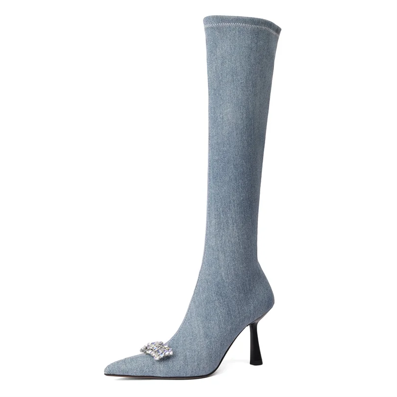 

Denim Women Boots 2023 Winter Luxury Rhinestone High Heel Women Shoes Side Zip Pointed Toe Knee High Boots Dropshopping