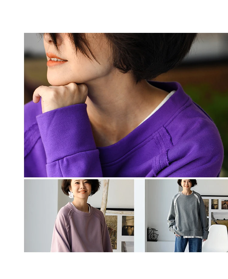 R67261 Korean Style Versatile Outer-Stitched Round Neck Raglan Sleeve Slimming Pure Cotton Pullover Sweatshirt for Women 25 Spring