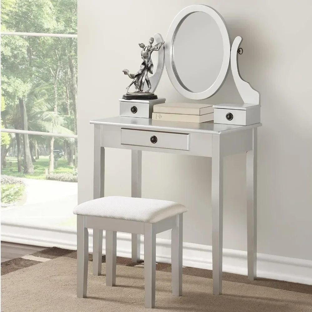 

Moniys Wood Moniya Makeup Vanity Table and Stool Set, Silver