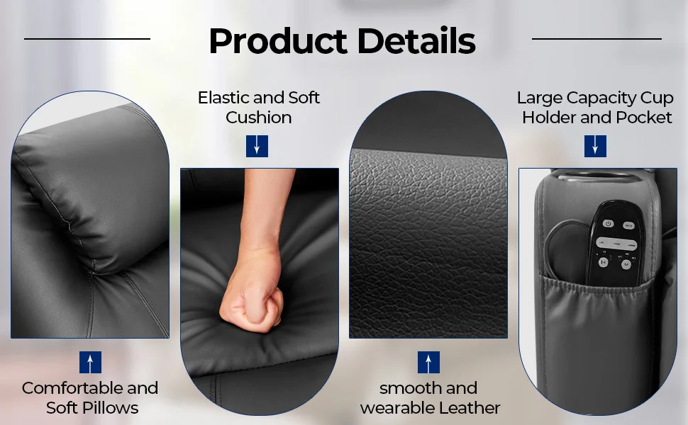 Description Picture 3 of itemElectric Power Lift Recliner Chair for Elderly Reclining Sofa for Living Room with Massage, Side Pockets and Cup Holders (Leathe