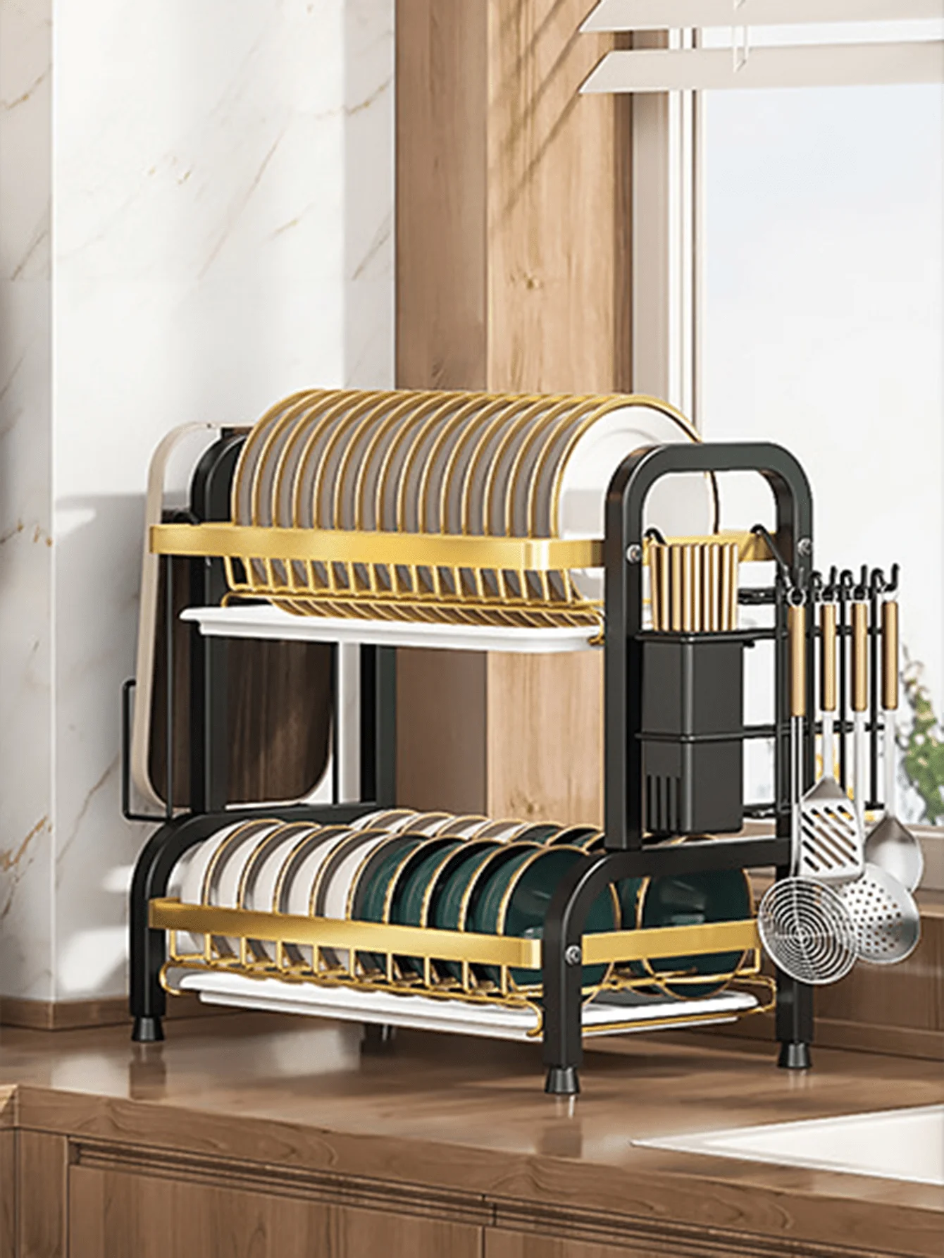 1 Set Of Double-Layer Large Capacity Kitchen Storage Rack, One-Stop Storage For Tableware And Kitchenware, Neat And Practical, M