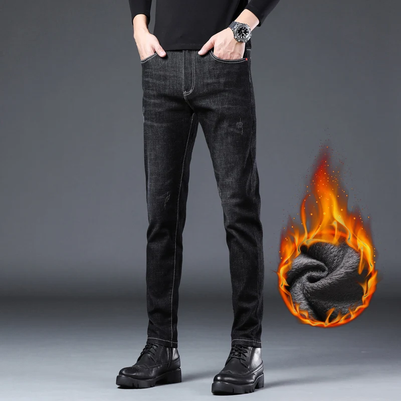 

Winter 2022 Men's Thickened Thermal Jeans New Solid Color Stretch Slim Pants Men's Youth Trend Casual High Quality Velvet Jeans