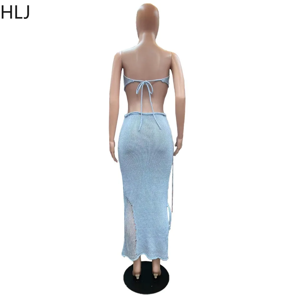 HLJ Fashion Streetwear Women Knitting Tassels Sleeveless Tube Top And Skinny Skirts Outfits Sexy Female Backless Lace Up Clothes