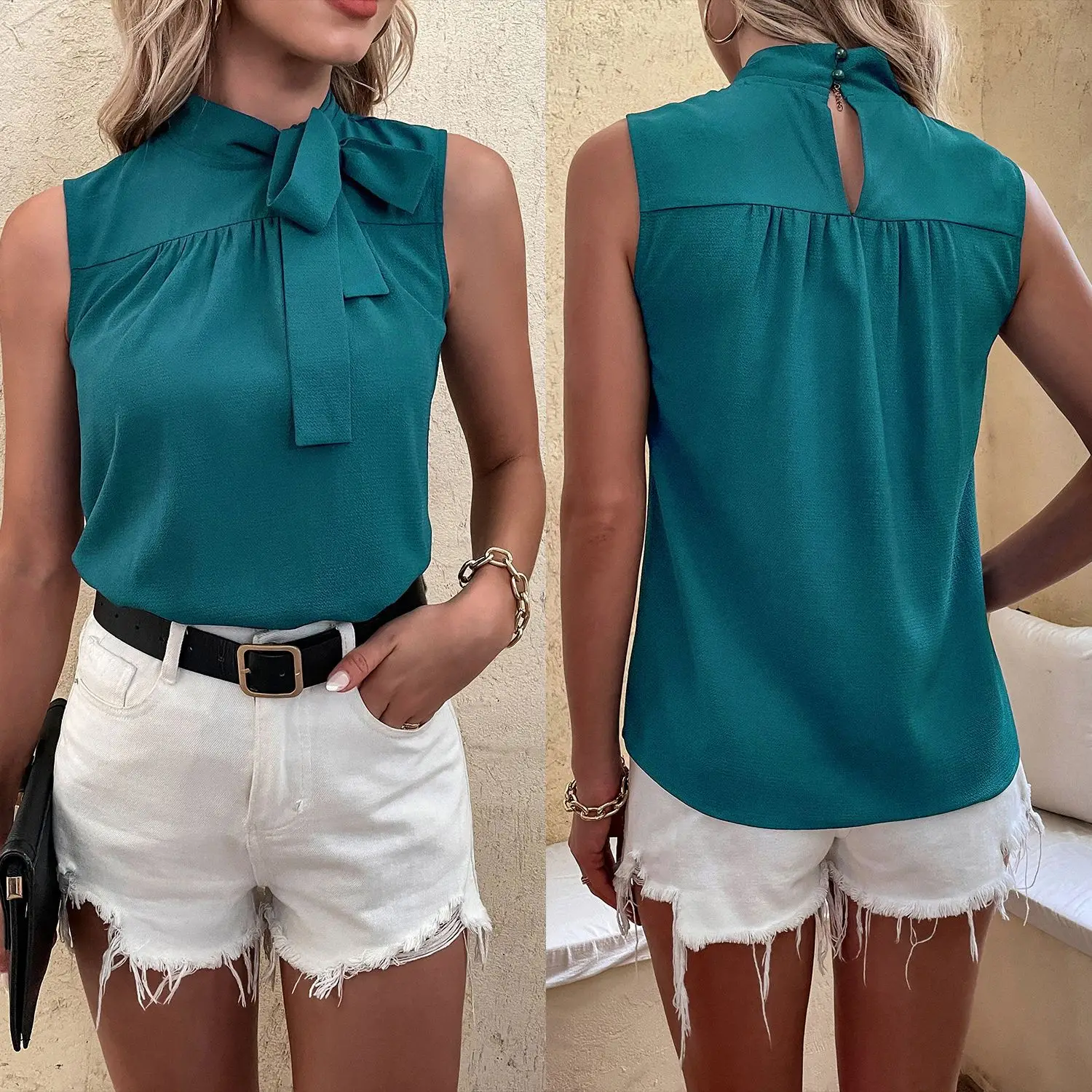 

2023 New Cross-border Super Quality Women's Clothing Temperament Commuter Sleeveless Splicing Solid Color Crop Top