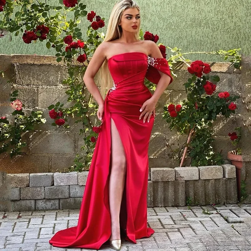 

Red Sexy Strapless Mermaid Prom Dresses Off Shoulder Evening Dress Pearls Beadings Saudi Arabia Cocktail Party Gownsفساتين الح