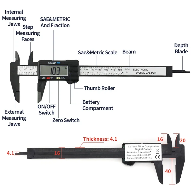 Electronic Caliper Digital Pachometer Plastic Big Screen Thickness Gauge Woodworking Tool Measuring Instruments Vernier Calipers