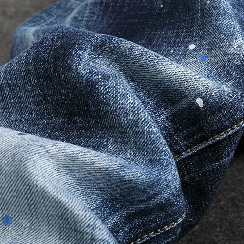 Street Fashion Men Jeans High Quality Retro Blue Stretch Slim Fit Painted Ripped Jeans Men Patch Designer Hip Hop Brand Pants