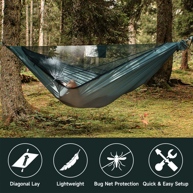 11ft Camping Hammock with Net and Ridge Rope Detachable Full-Open Mesh Lightweight Hammock for Outdoor Hiking Backpacking