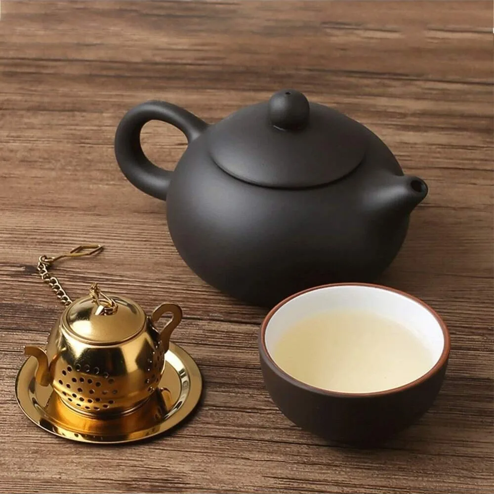 Tea Strainer Teapot Shape Loose Tea Infuser Stainless Steel Strainer Herbal Spice Filter With Dish Filter Teaware Accessories