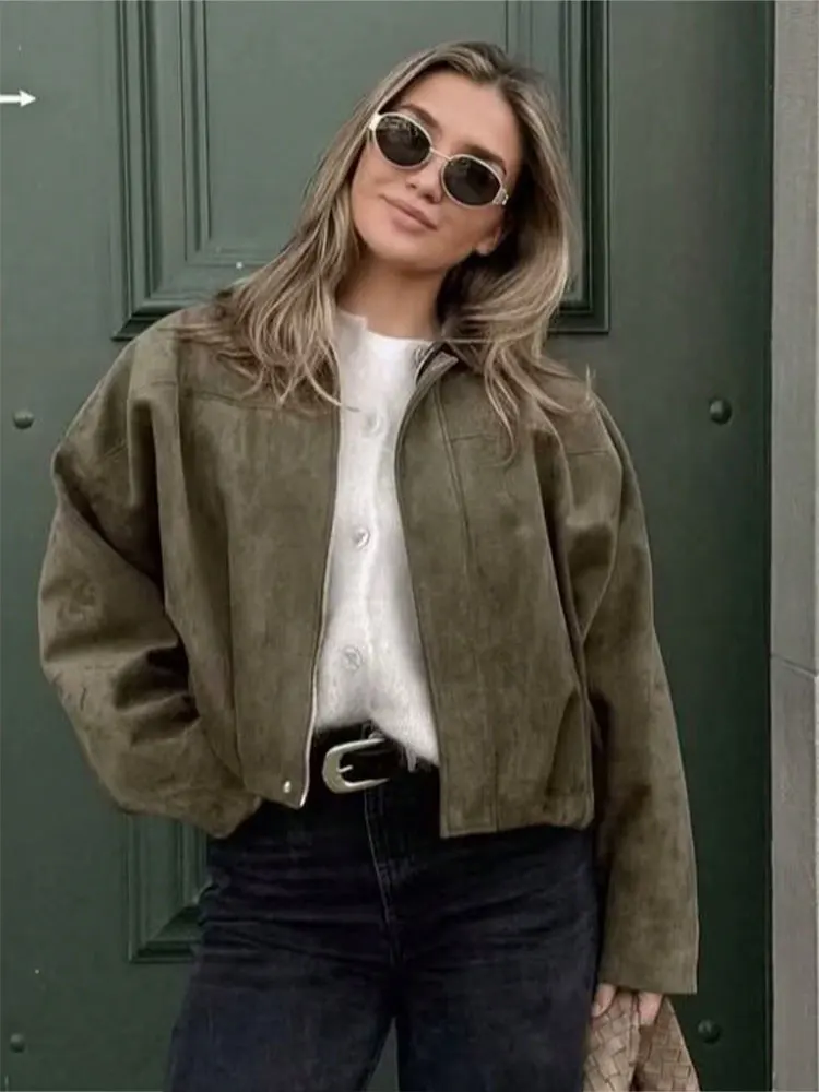 HH Women Vintage Solid Suede Coat Lapel Zipper Long Sleeve Bomber Jacket 2025 Autumn Female Casual Loose Maternity Outerwear