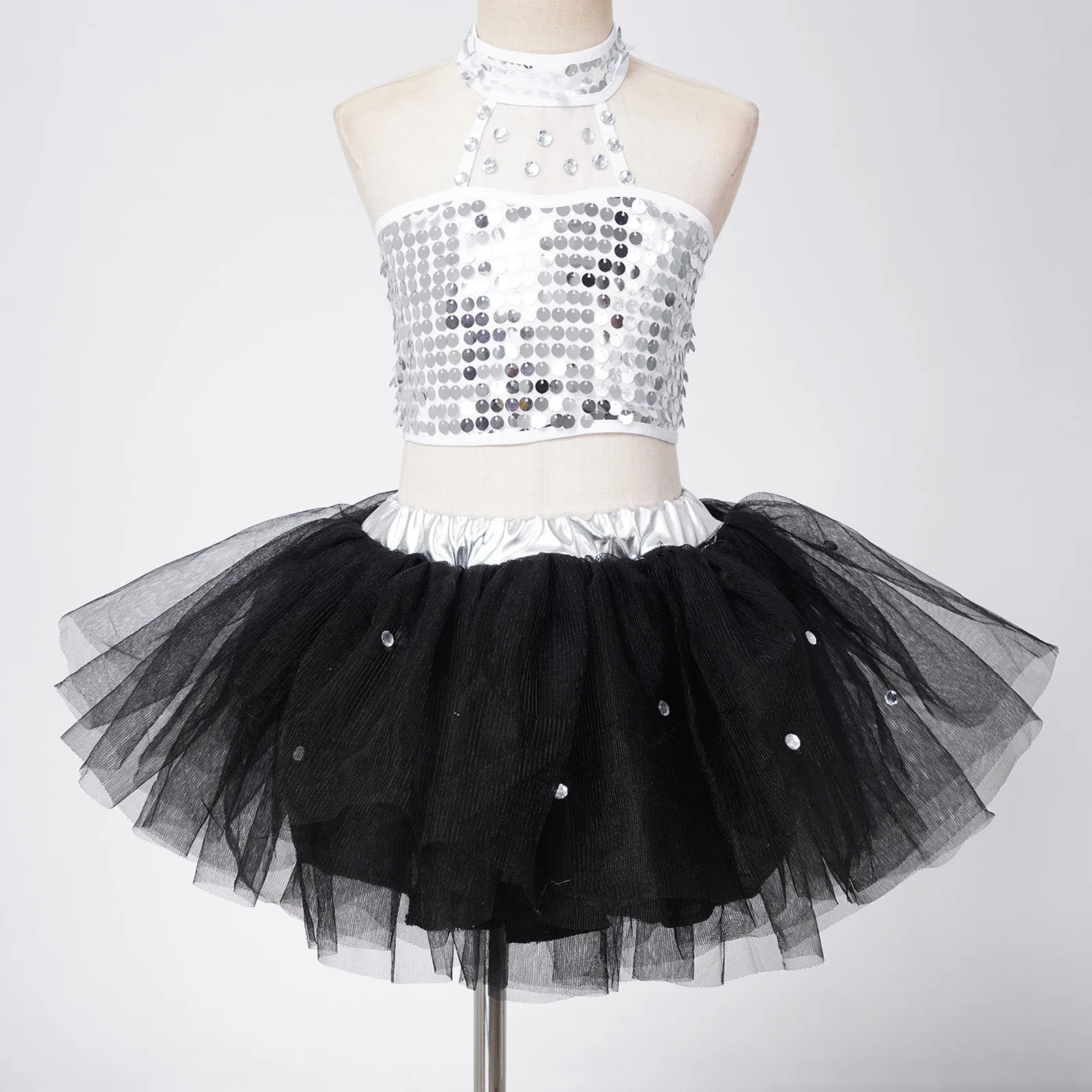 

Kids Girls Sequins Ballet Tutu Dress Shiny Sleeveless Jazz Latin Performance Dance Wear Fancy Ballet Party Tops Tutu Outfits