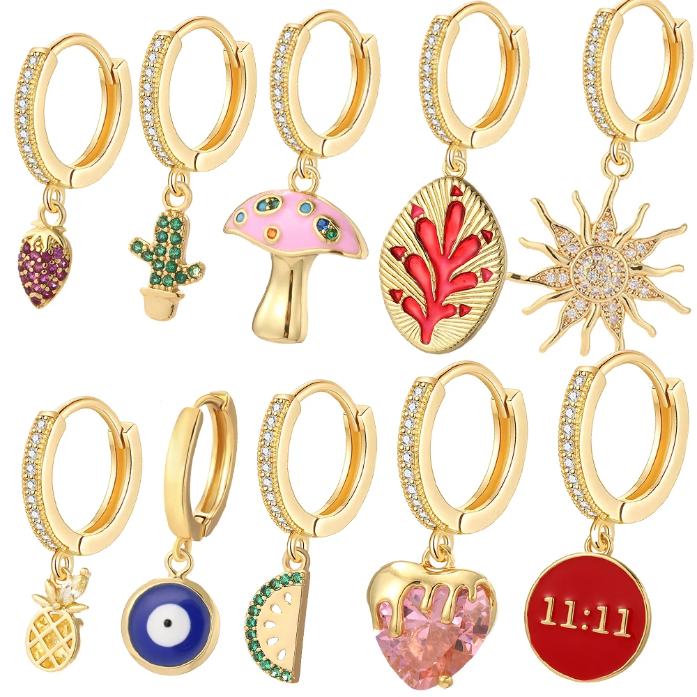Sonne süße Frucht Creolen für Frauen Gold Farbe Herz Evil Blue Eye baumelnde Ohrringe Micro Pave CZ Neu im Modeschmuck