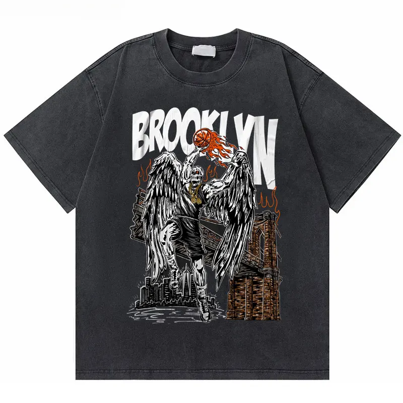

American Vintage Washed Old Brooklyn Basketball Player Dunk Skeletons Graphic Tshirt Men Hip Hop Casual Tees Male Cotton T Shirt